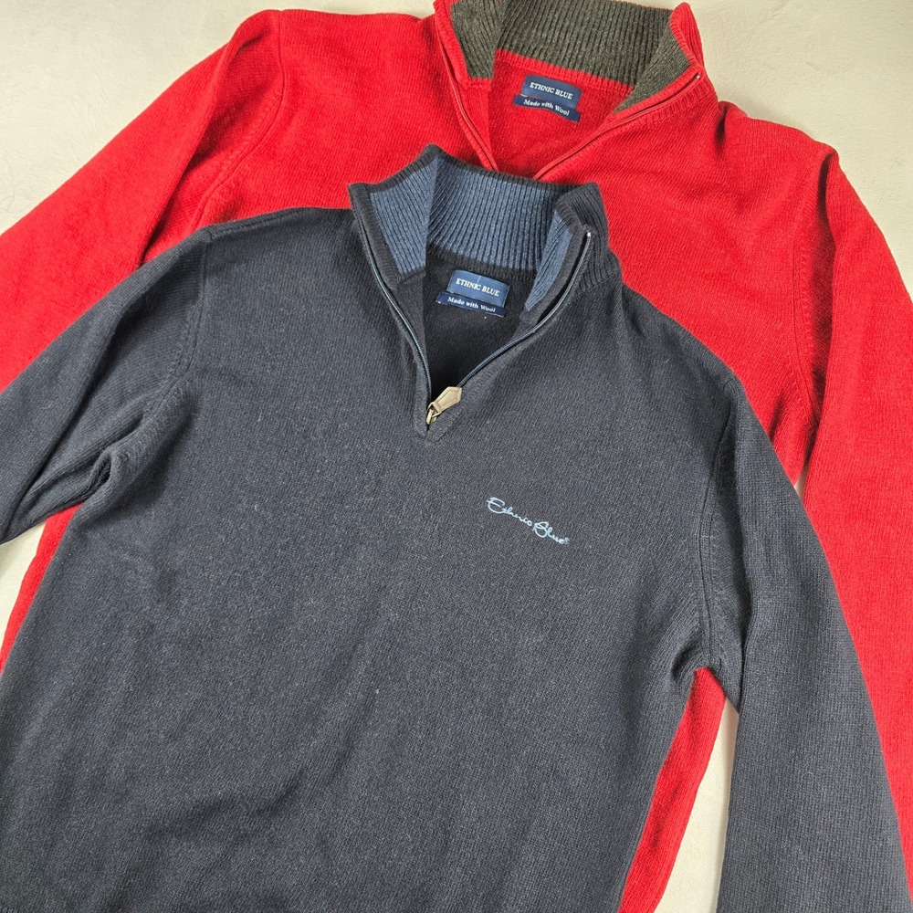 Ethnic Blue Men's Lambs Wool Blend 1/4 Zip‎ Sweater Navy and Red Size Large